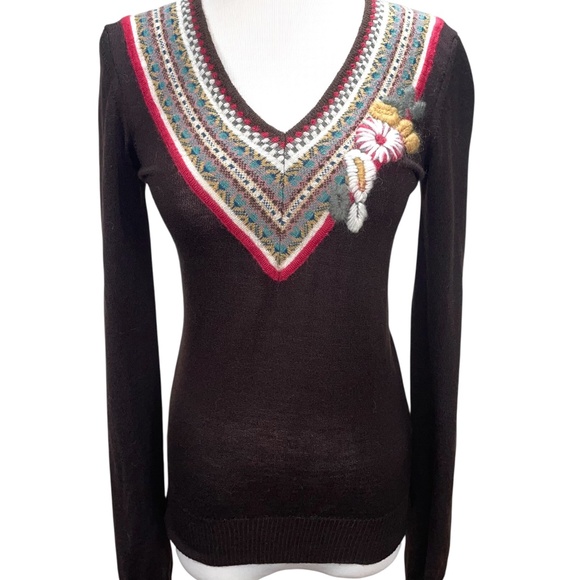 Kenzo Sweaters - Vintage Kenzo Embroidered Sweater Med Fair Isle V-Neck Floral Appliqué Mohair